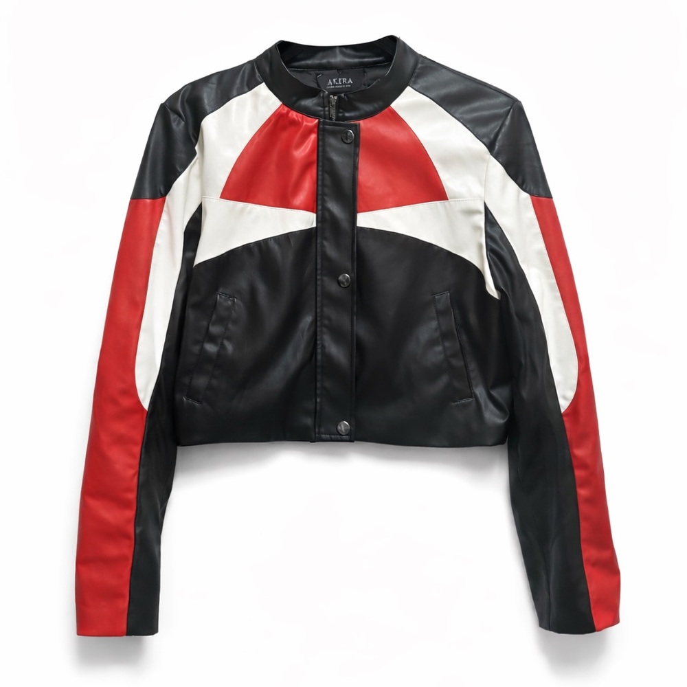 AKIRA Cropped Faux Leather Moto Jacket XL Red Black Colorblock